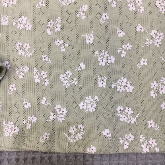 Pink Rose Shirt Large Sage Ditsy Floral Button up Crop Pointelle Y2K Boho - Picture 5 of 8